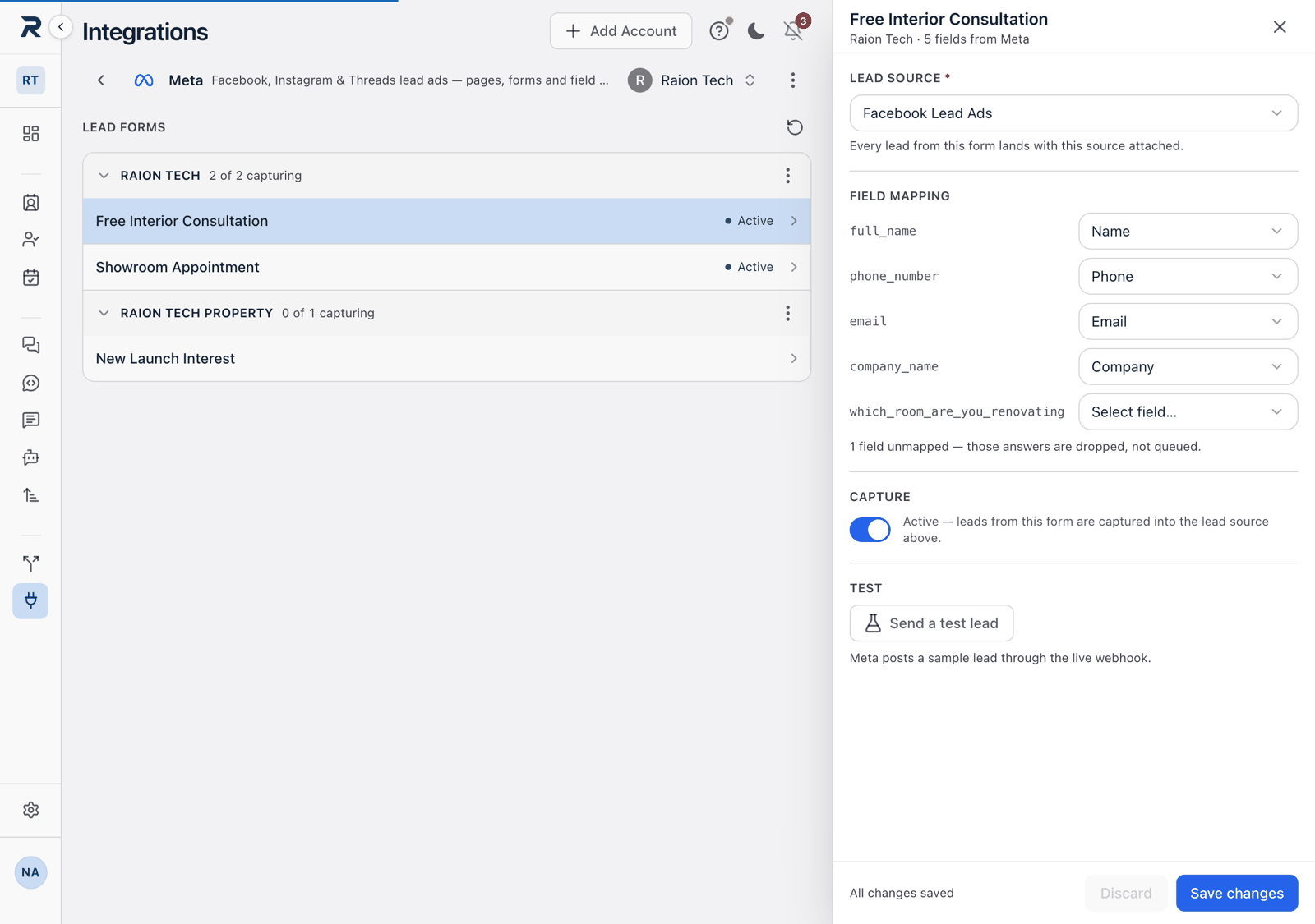 The form settings panel open at the right, showing the Lead source picker, the Field mapping rows, the Capture switch and the Test section