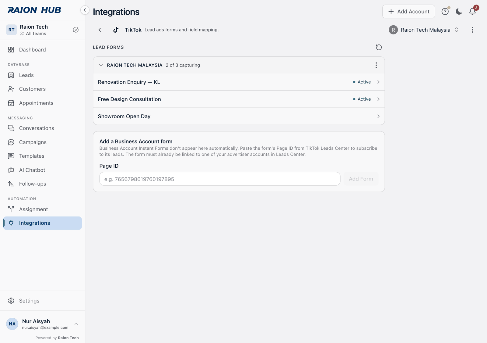 The Add a Business Account form card, with the Page ID field and the Add Form button