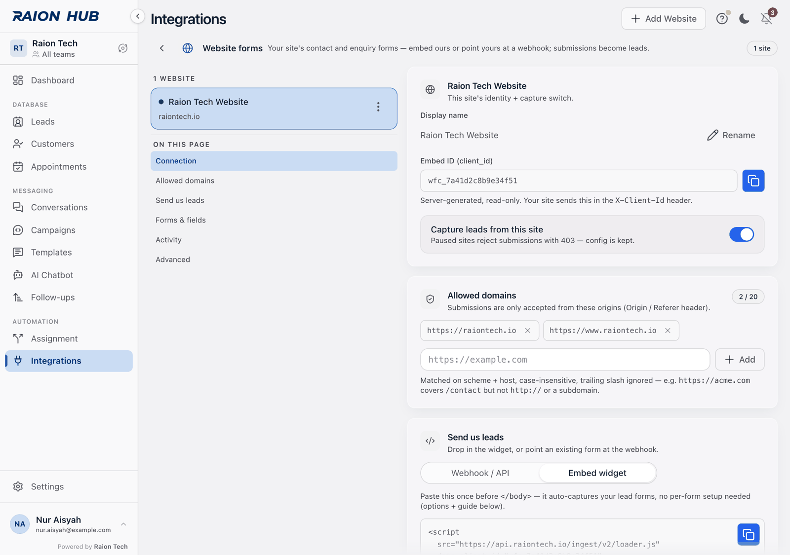 The Send us leads card with Embed widget selected, showing the script tag snippet and its copy button