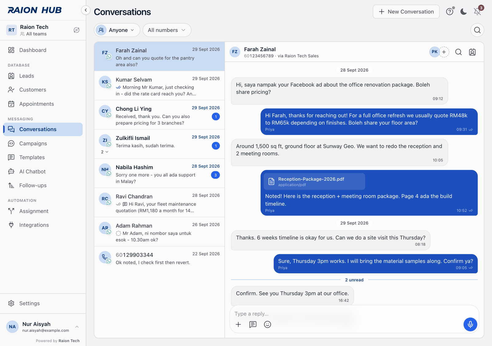 The Conversations inbox with the chat list on the left and an open chat on the right
