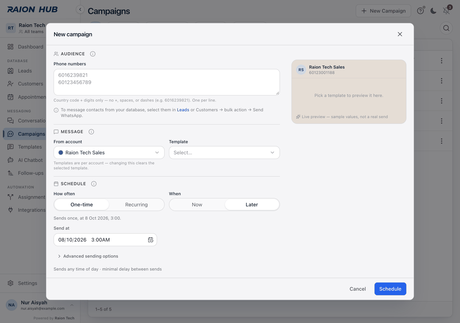 The Schedule section set to One-time and Later, with a Send at date and time picker