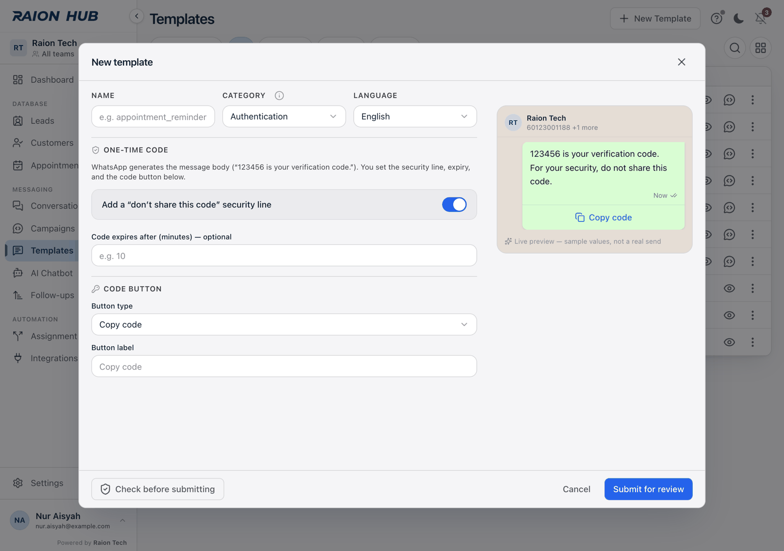 The template editor with Category set to Authentication, showing the One-time code and Code button sections