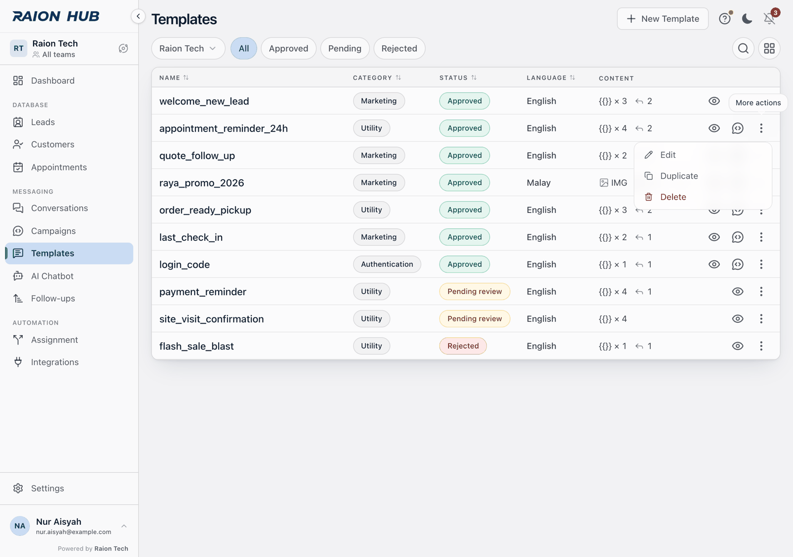 A template row with its More actions menu open on Edit, Duplicate and Delete