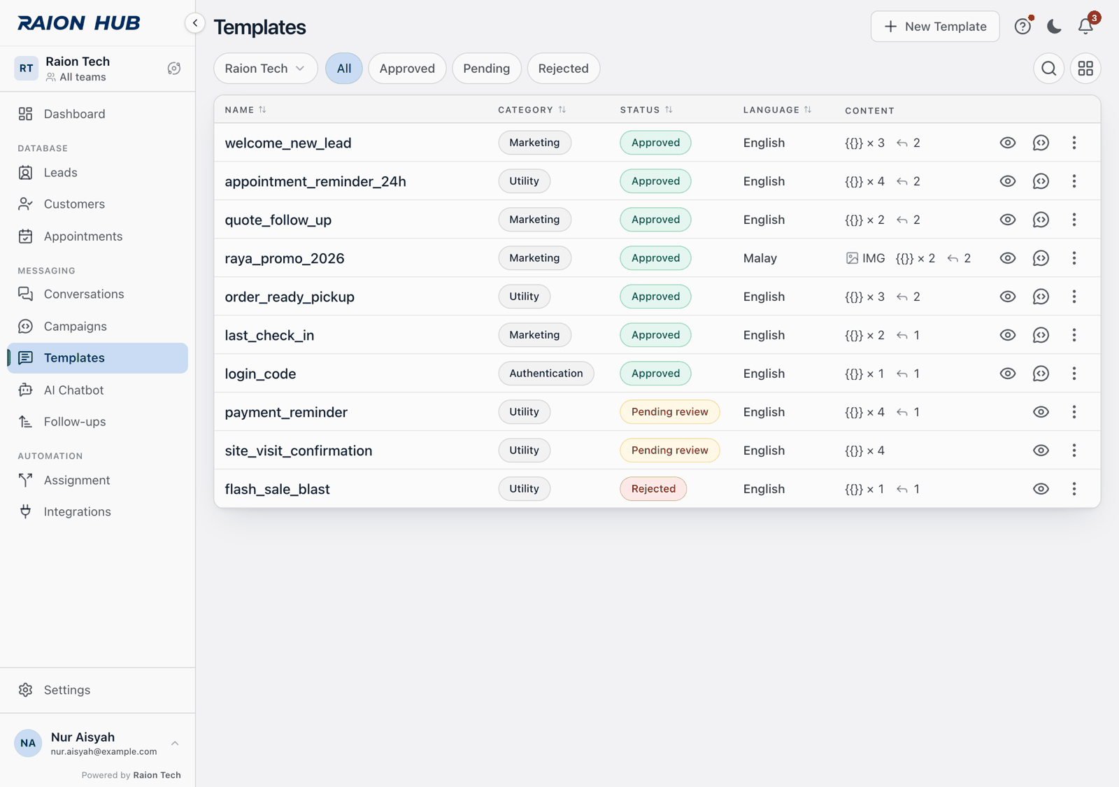 The Templates list with the New Template button in the top bar