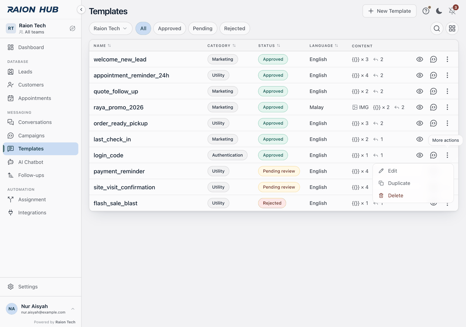 The template editor with Name, Category, Language, a header and the body, beside the live WhatsApp preview