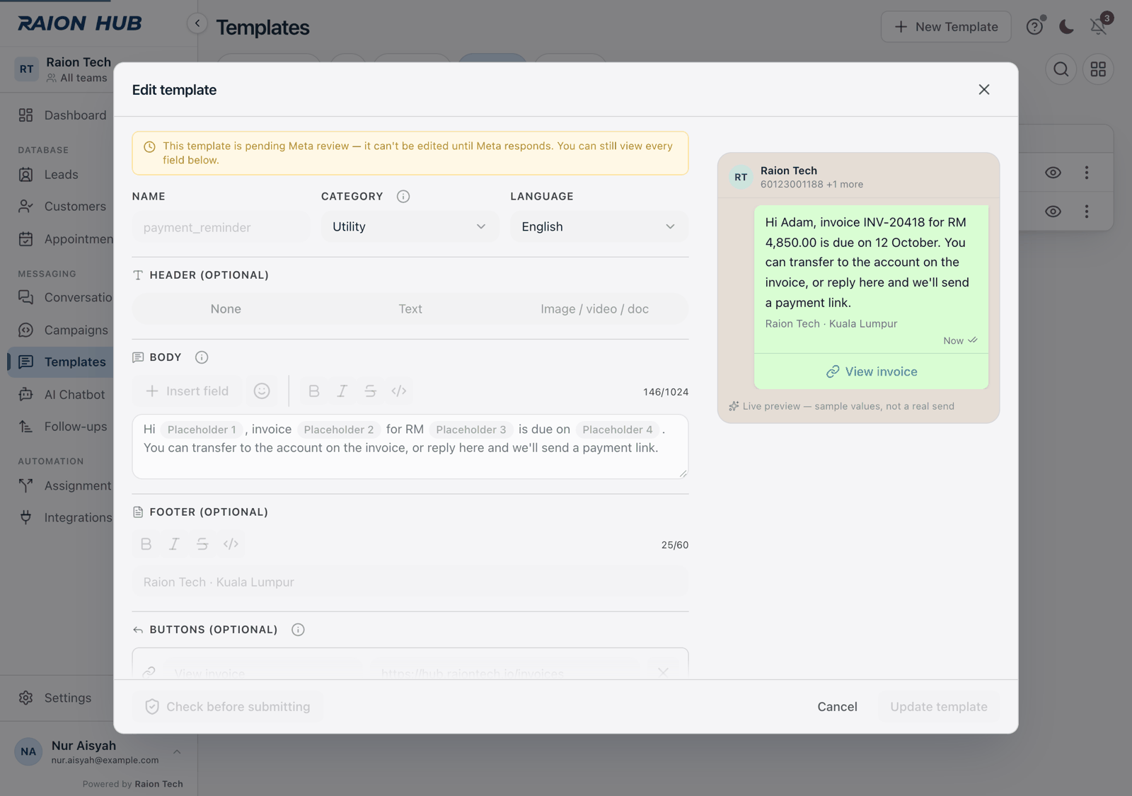 The template editor with an amber pending-review banner and every field greyed out