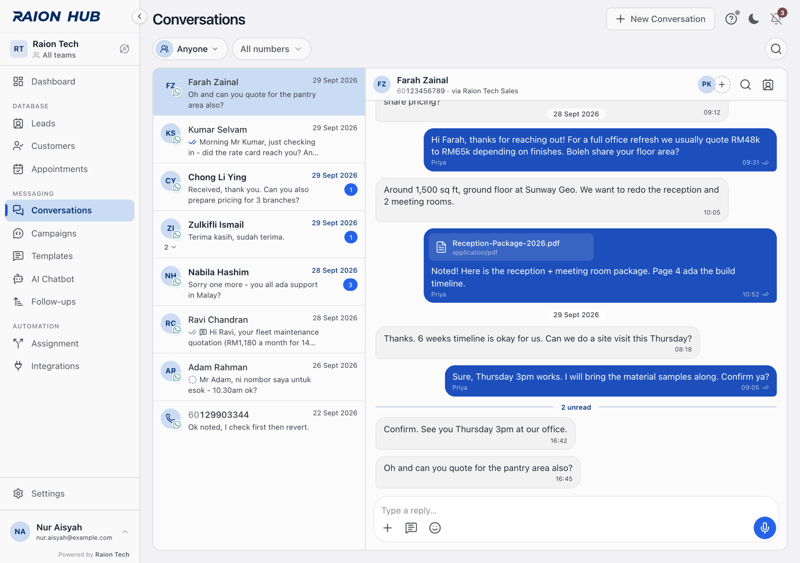 The chat header showing the contact name, via the account name, the owner avatar stack, the search icon and the record button