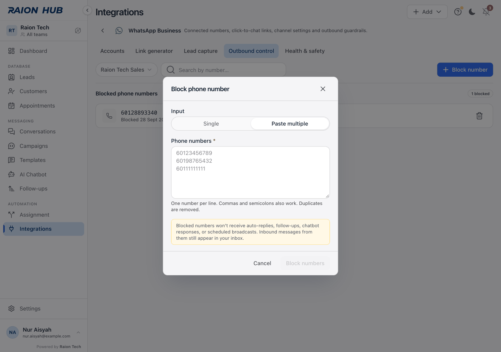 The Block phone number modal in Paste multiple mode with a list pasted in and the valid and invalid counters below it