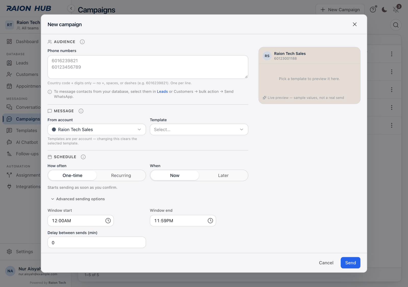 The expanded Advanced sending options with window start, window end and delay fields