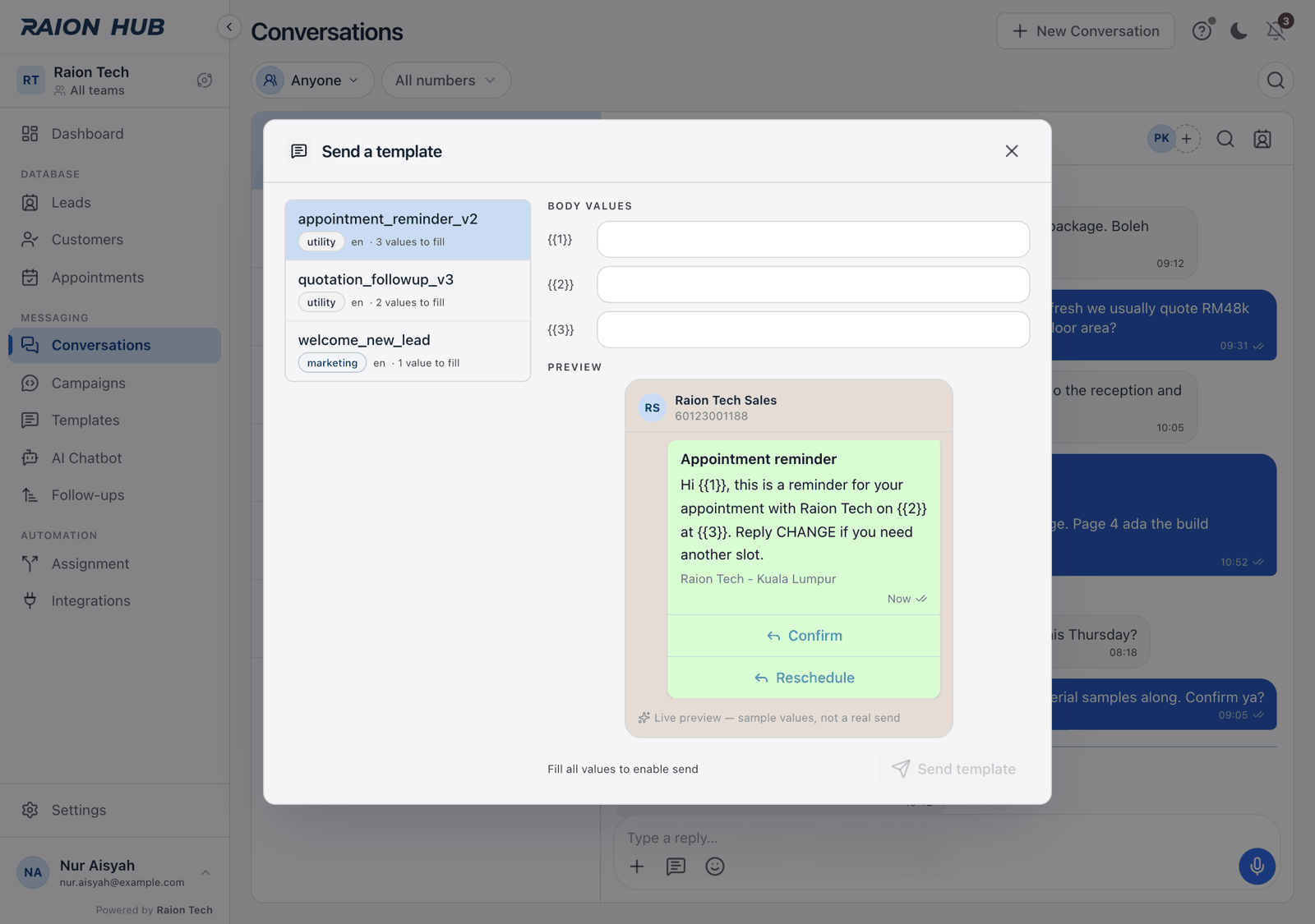 The Send a template modal with the approved template list on the left, Body values fields in the middle and the WhatsApp bubble preview on the right