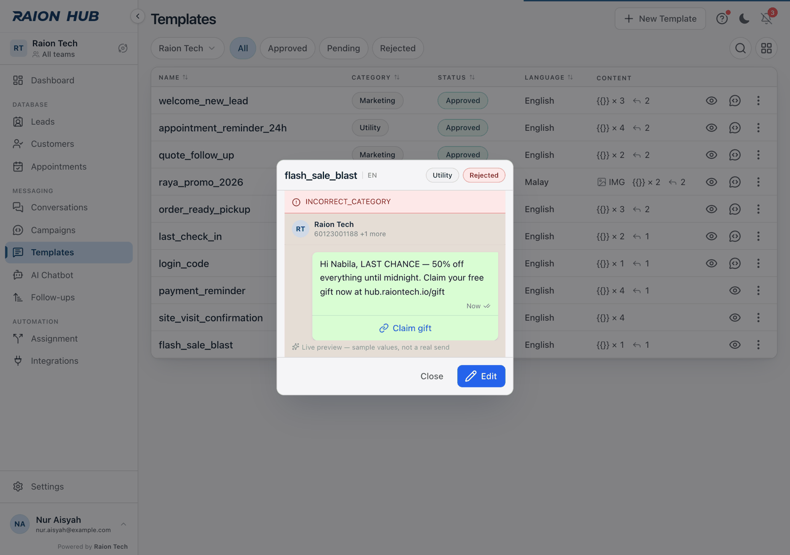 The template preview dialog for a rejected template, showing a red band with Meta's reason