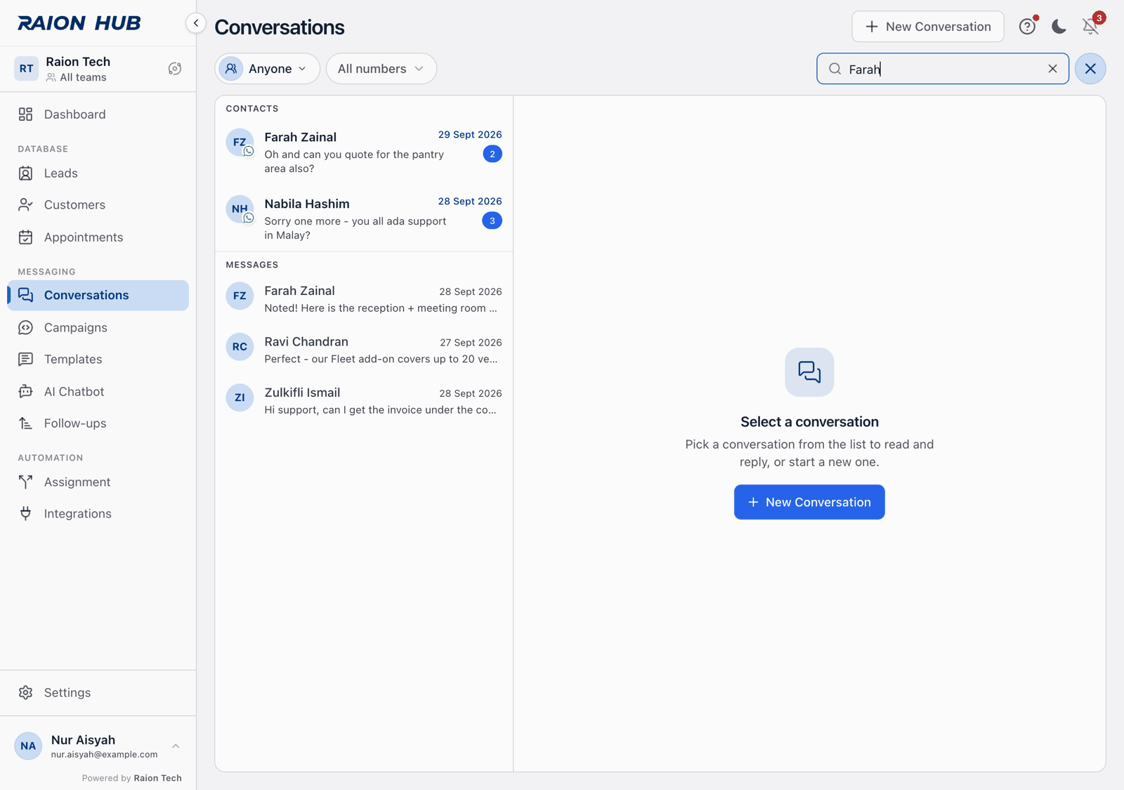 The inbox search open with a query typed, results grouped under a Contacts heading and a Messages heading