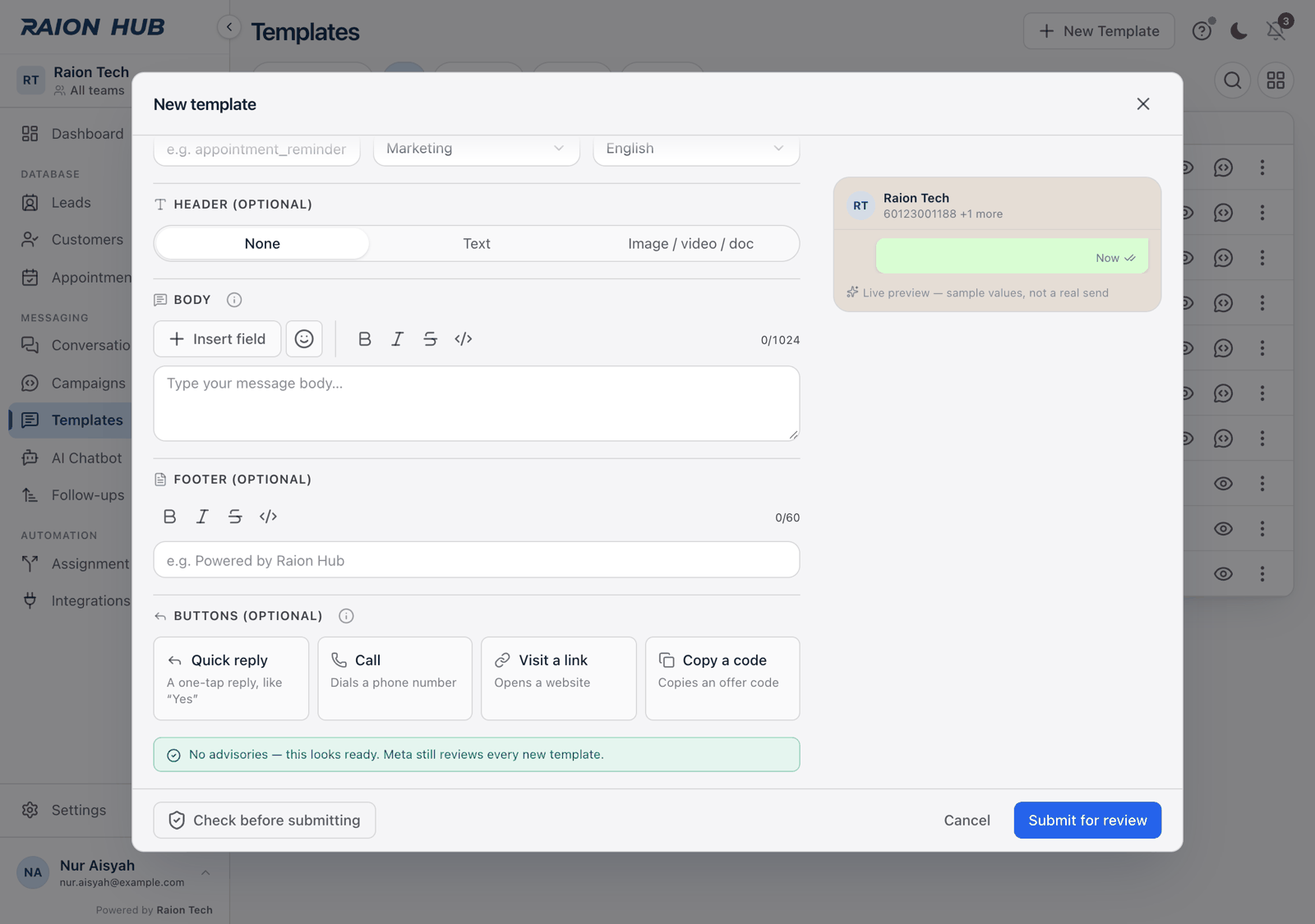 The template editor footer with Check before submitting and an advisory list above it