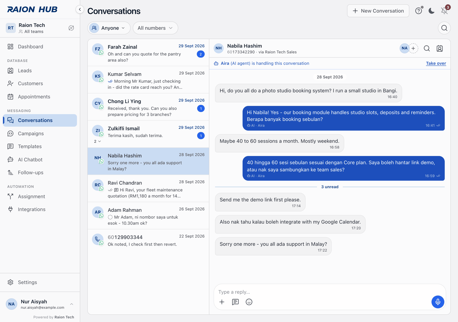 The automation strip above the messages reading that an AI agent is handling this conversation, with a Take over button on the right