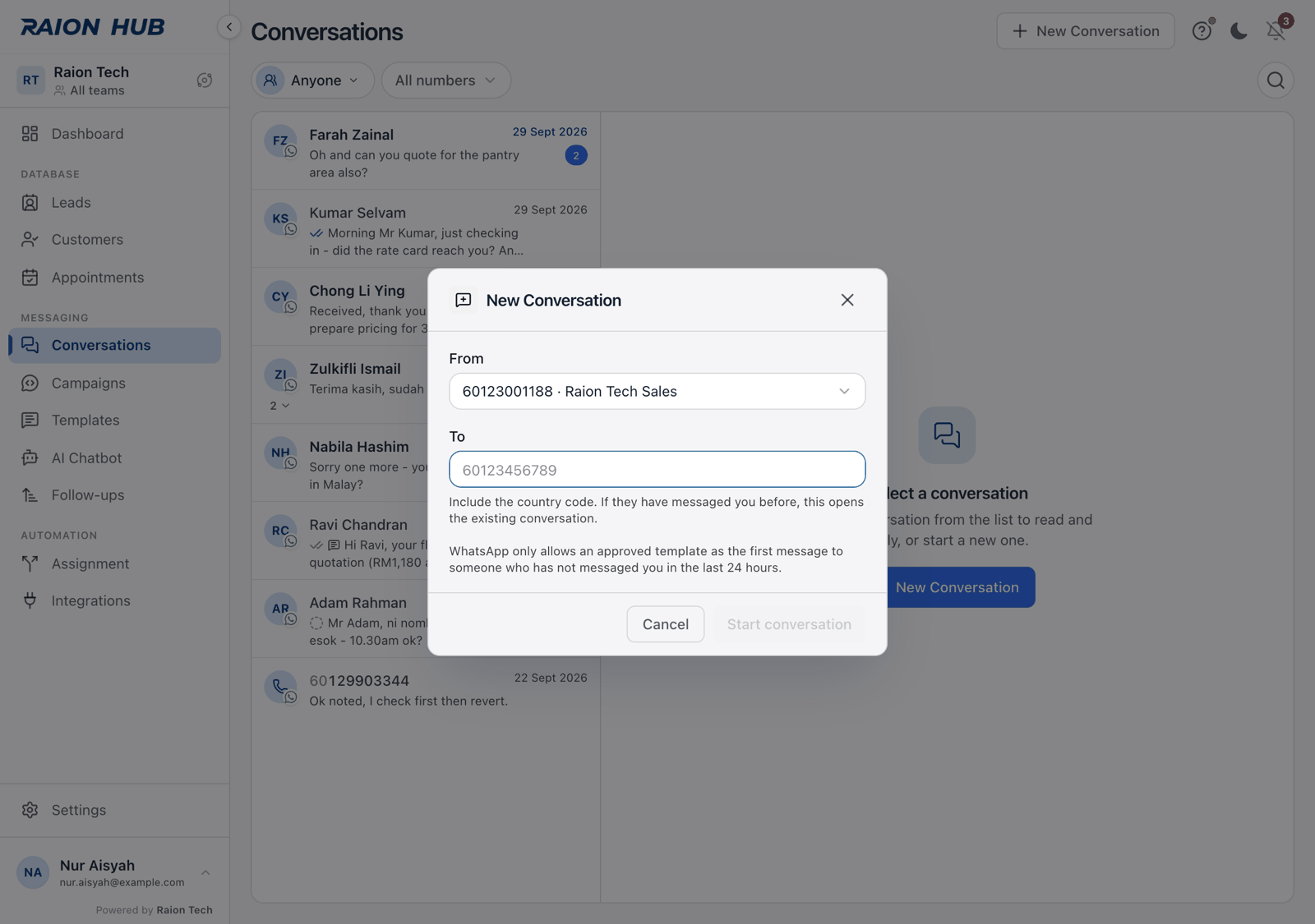The New Conversation modal with the From number select, the To phone field and the Start conversation button
