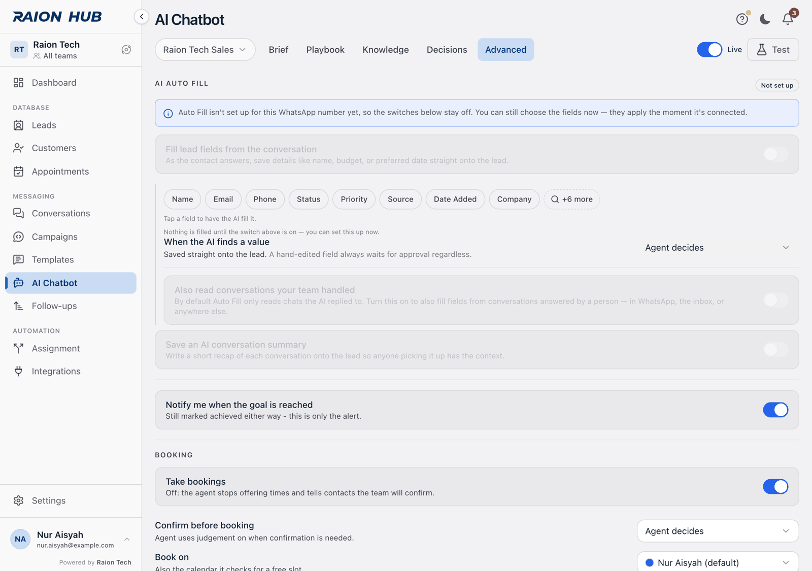 The AI Auto Fill section at the top of the Advanced tab, with its Connected pill and the Fill lead fields from the conversation switch