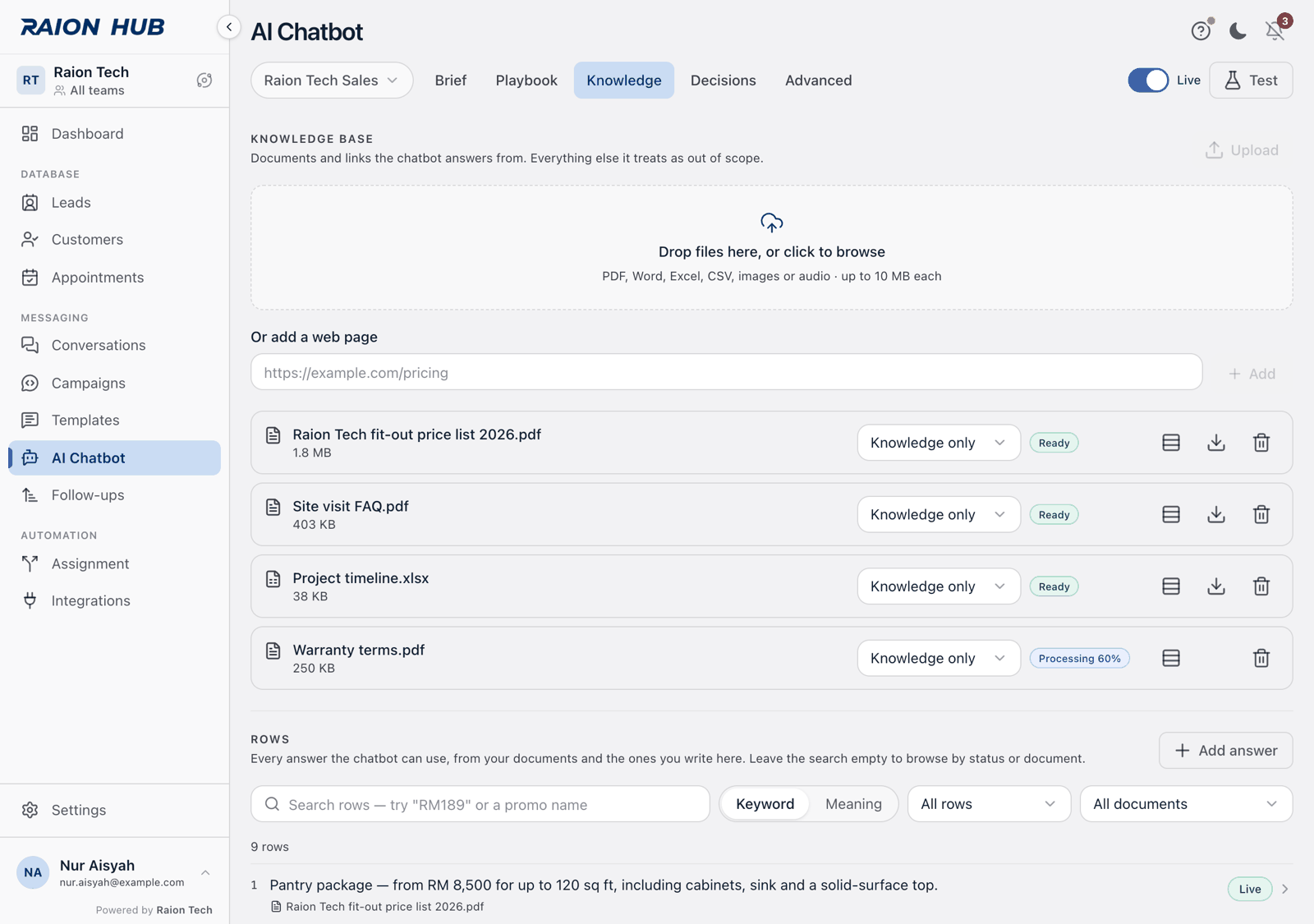 The Rows section with the search box, the Keyword and Meaning control, the status and document filters, and a list of matching rows