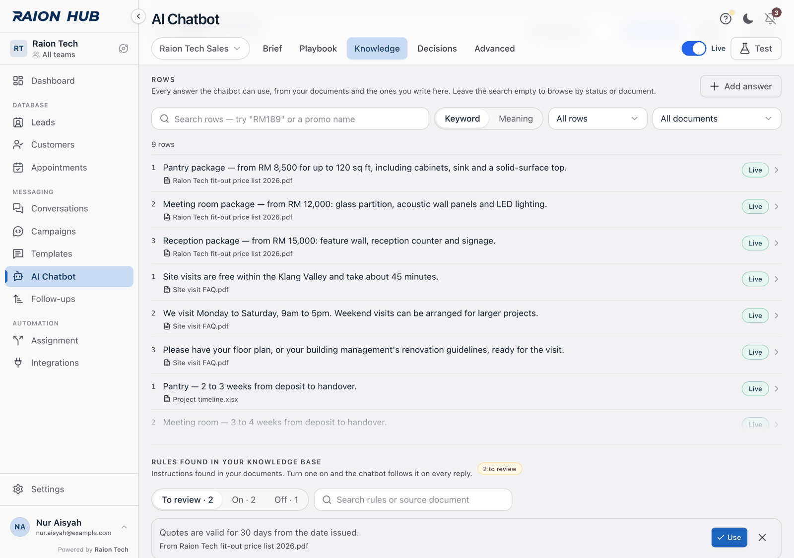 The Rules found in your knowledge base section with the To review, On and Off filter, a proposed rule and its Use button