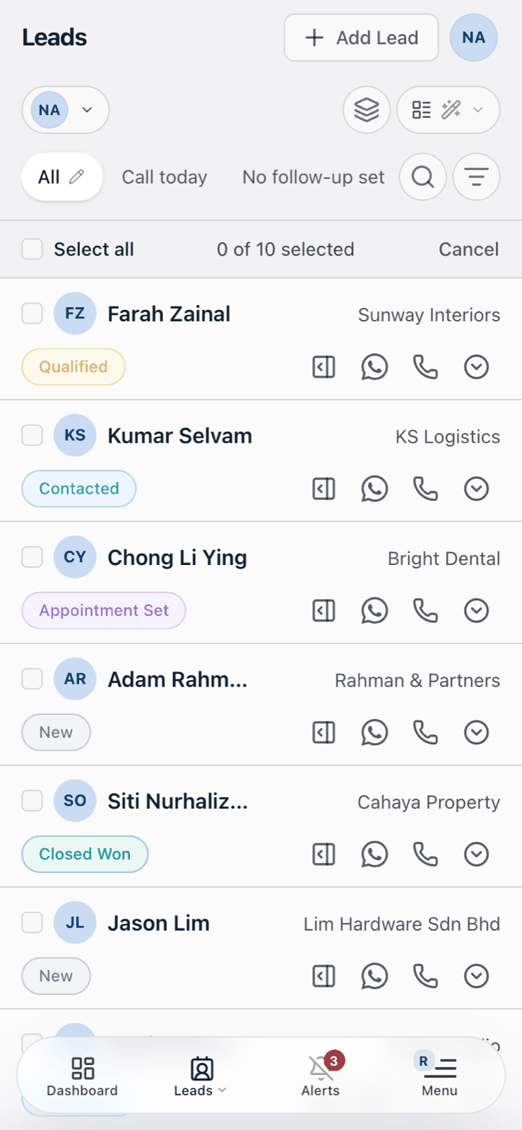 A phone contact list in select mode, with the Select all checkbox, a count of the contacts selected, and Cancel across the top of the list