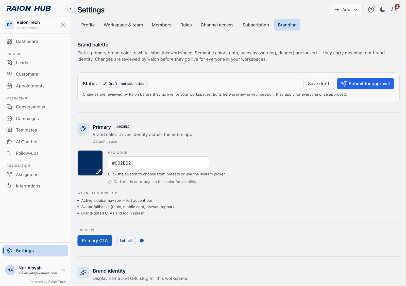 The Branding section with the publish bar at the top showing Status Draft - not submitted, and the Brand palette heading with the Primary card below