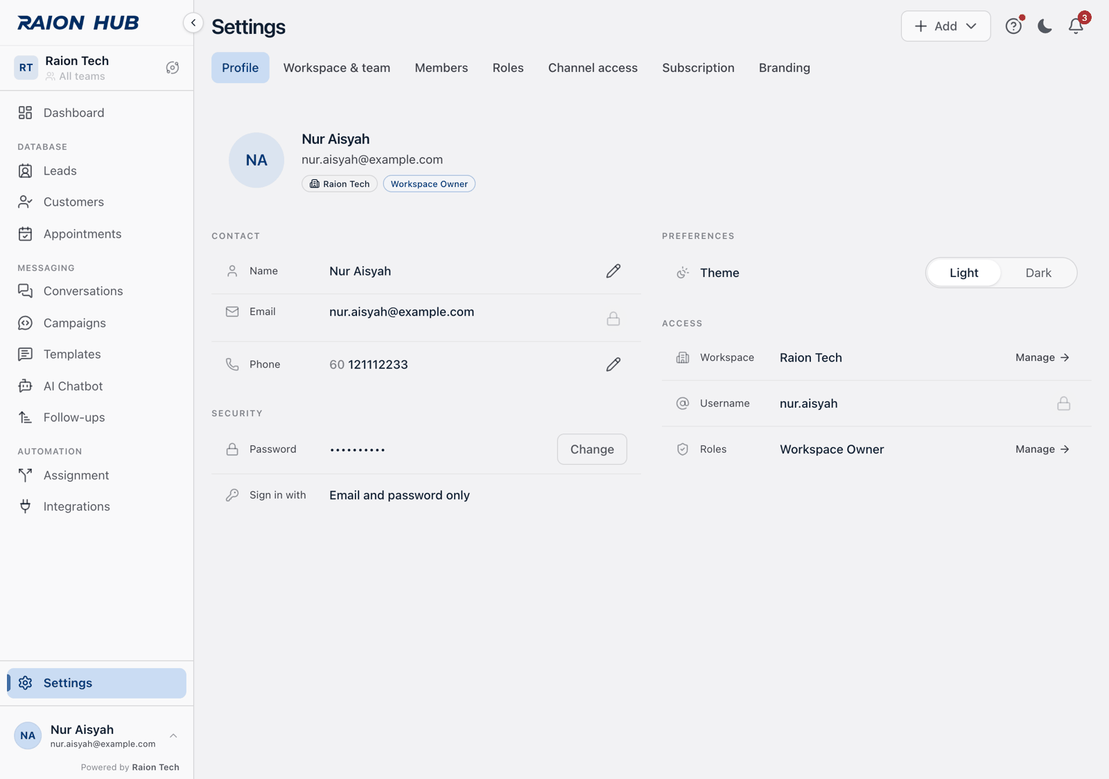 The Profile section with the identity header and the Contact group, showing Name, Email and Phone rows