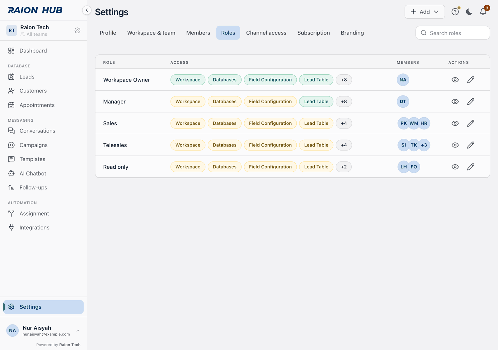 The Roles table with Role, Access, Members and Actions columns, and the Search roles box at the right of the tab row