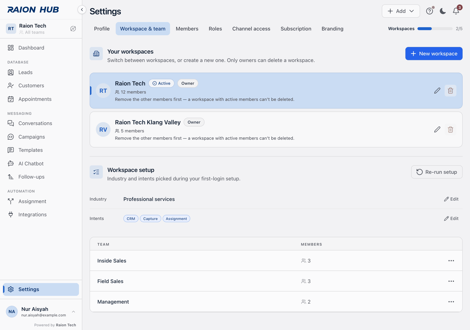 Workspace and team open, showing Your workspaces with Active and Owner chips, the Workspace setup block, the Teams table below it, and the Workspaces meter at the right of the tab row