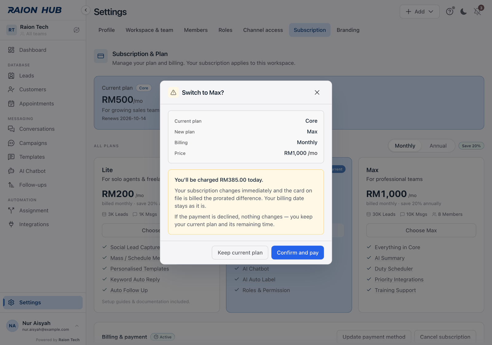 The plan change confirmation showing Current plan, New plan, Billing and the line about how the money is handled