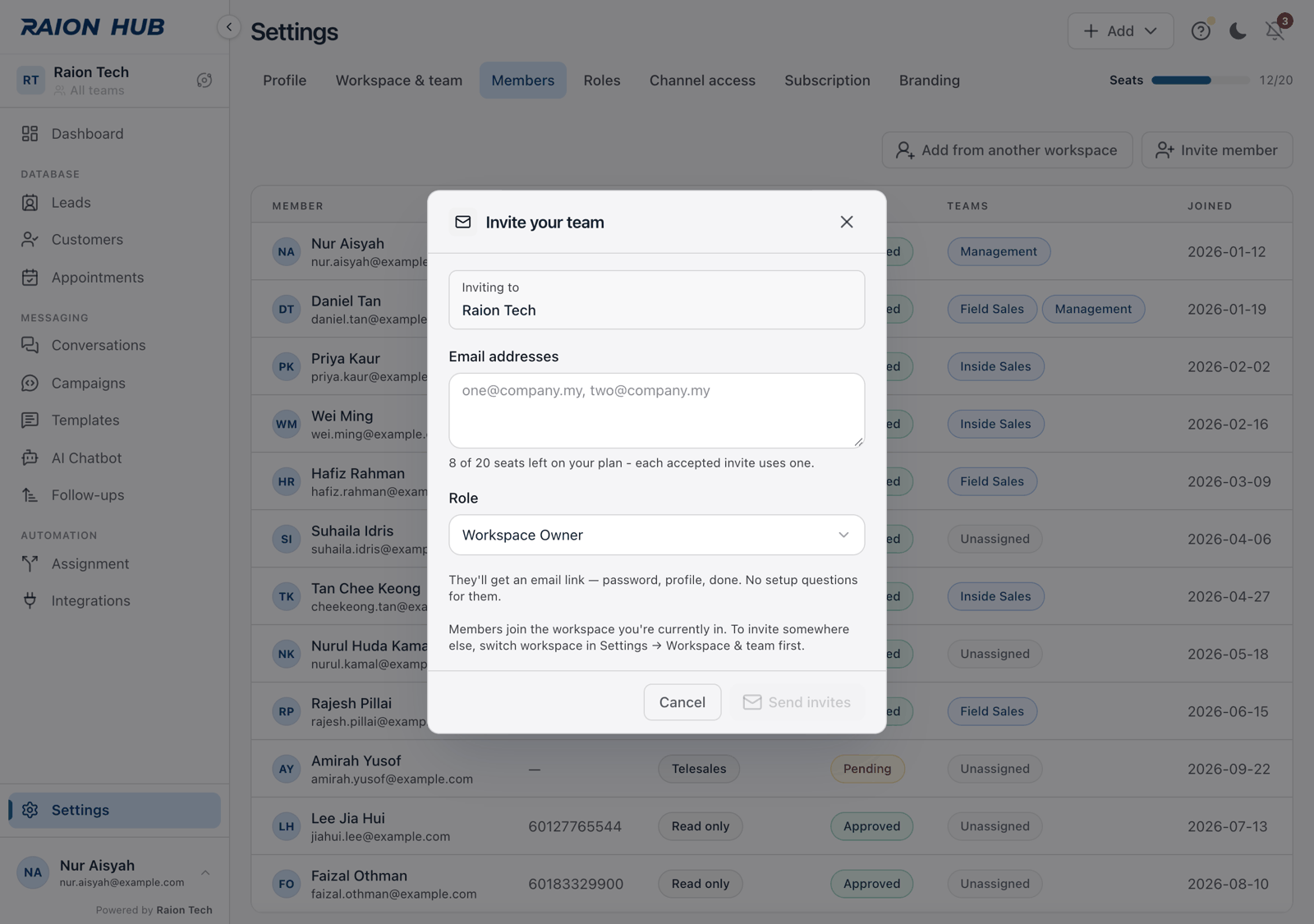 The Invite your team dialog with the Email addresses box, the Role picker and the line showing how many seats are left