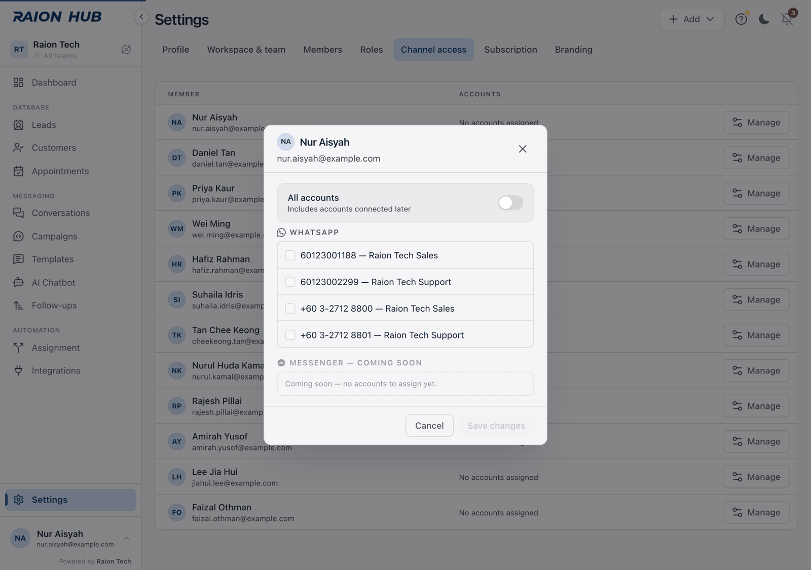 The manage dialog for one member, with the All accounts switch above a list of WhatsApp numbers with tick boxes