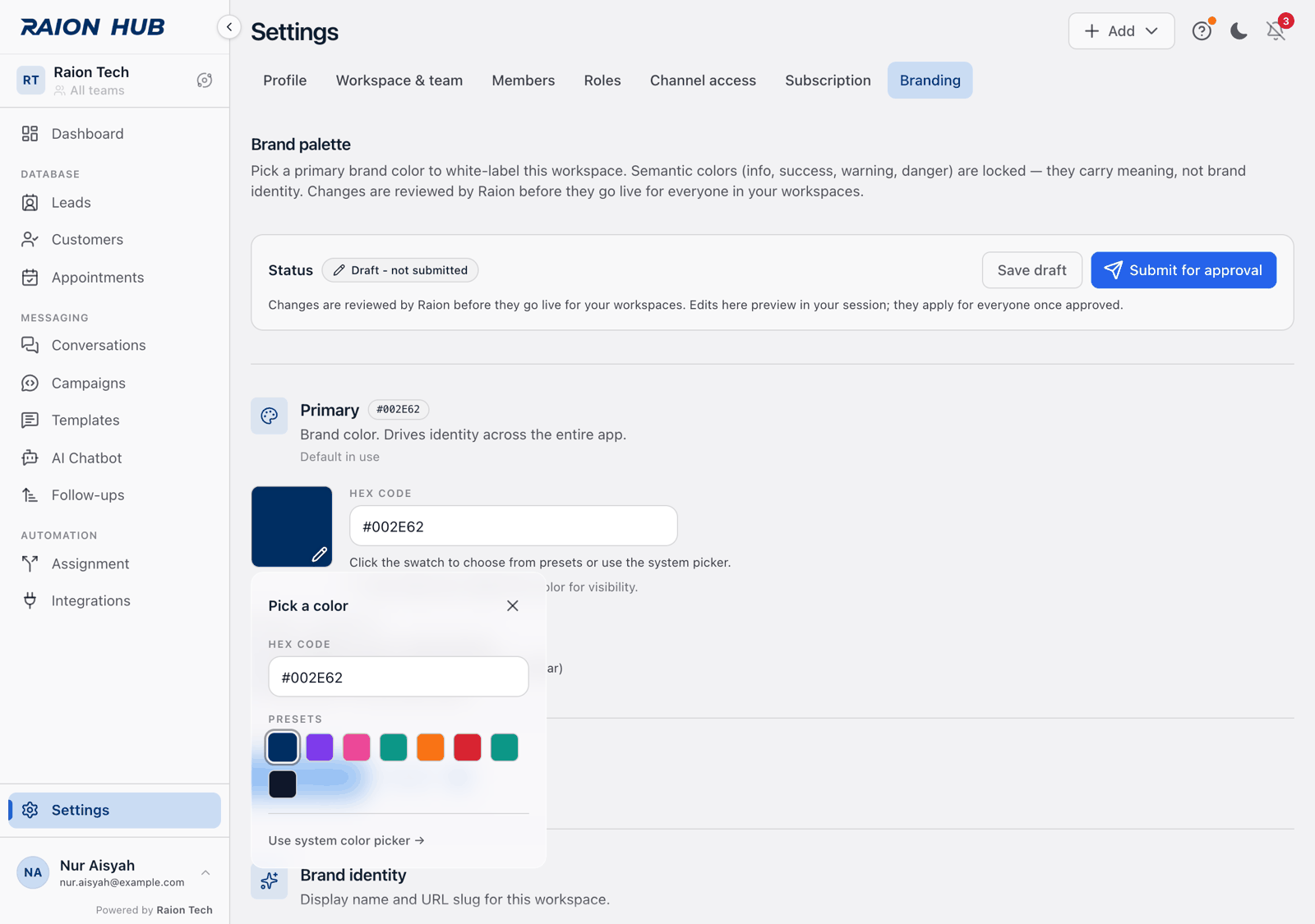 The Primary card with the colour swatch clicked, showing the Pick a color popover with a hex field and preset swatches
