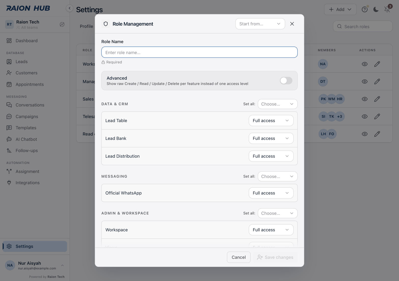 The Role Management dialog with the Role Name field and permissions grouped under Data and CRM, Messaging and Admin and Workspace