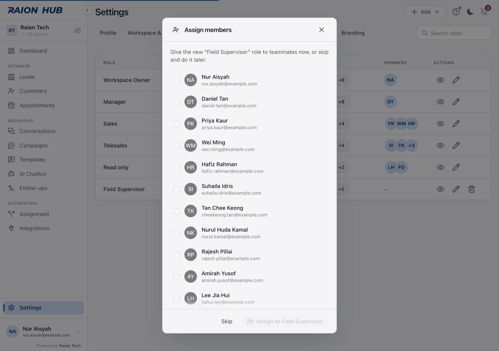 The Assign members dialog listing workspace members with checkboxes