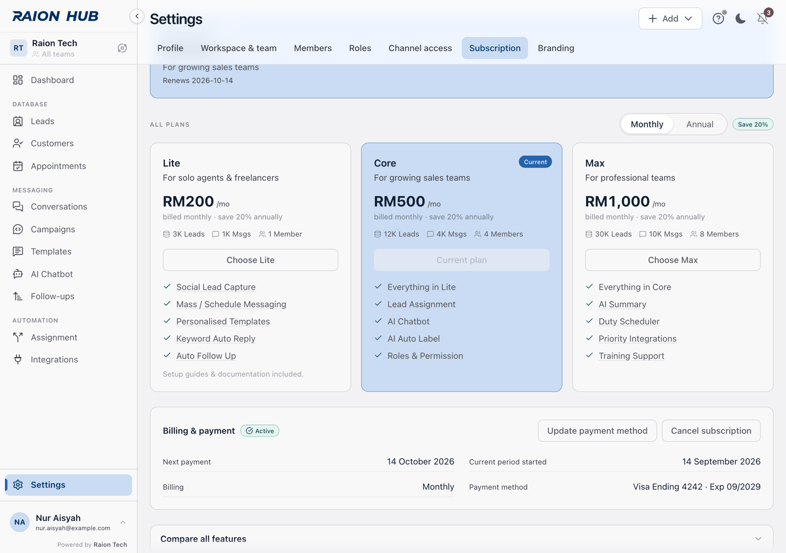 The Billing and payment block with a status chip, the Update payment method and Cancel subscription buttons, and the Next payment, Current period started, Billing and Payment method rows