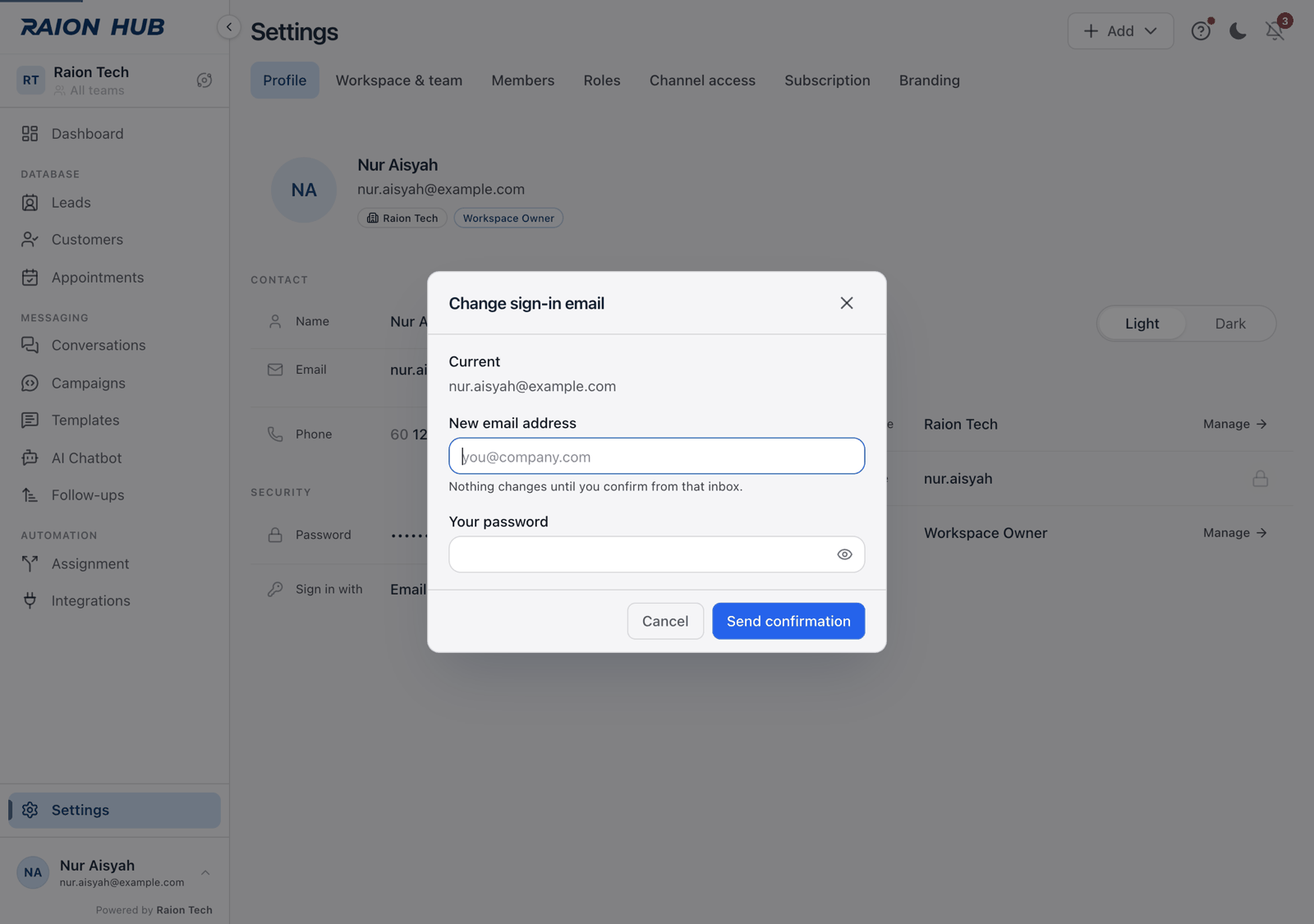 The Change sign-in email dialog with Current, New email address and Your password fields