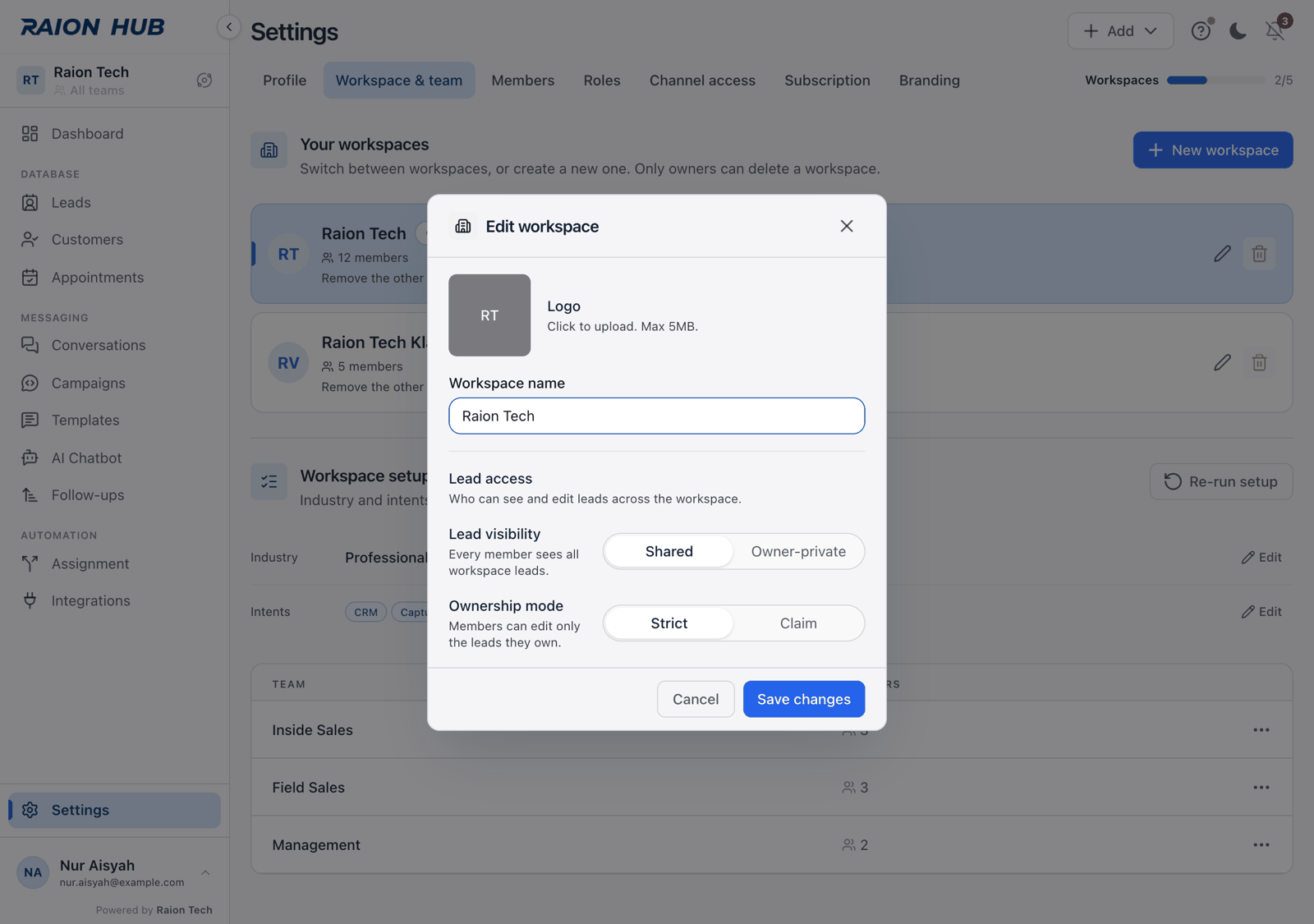 The Edit workspace dialog with the Lead access block showing Lead visibility and Ownership mode