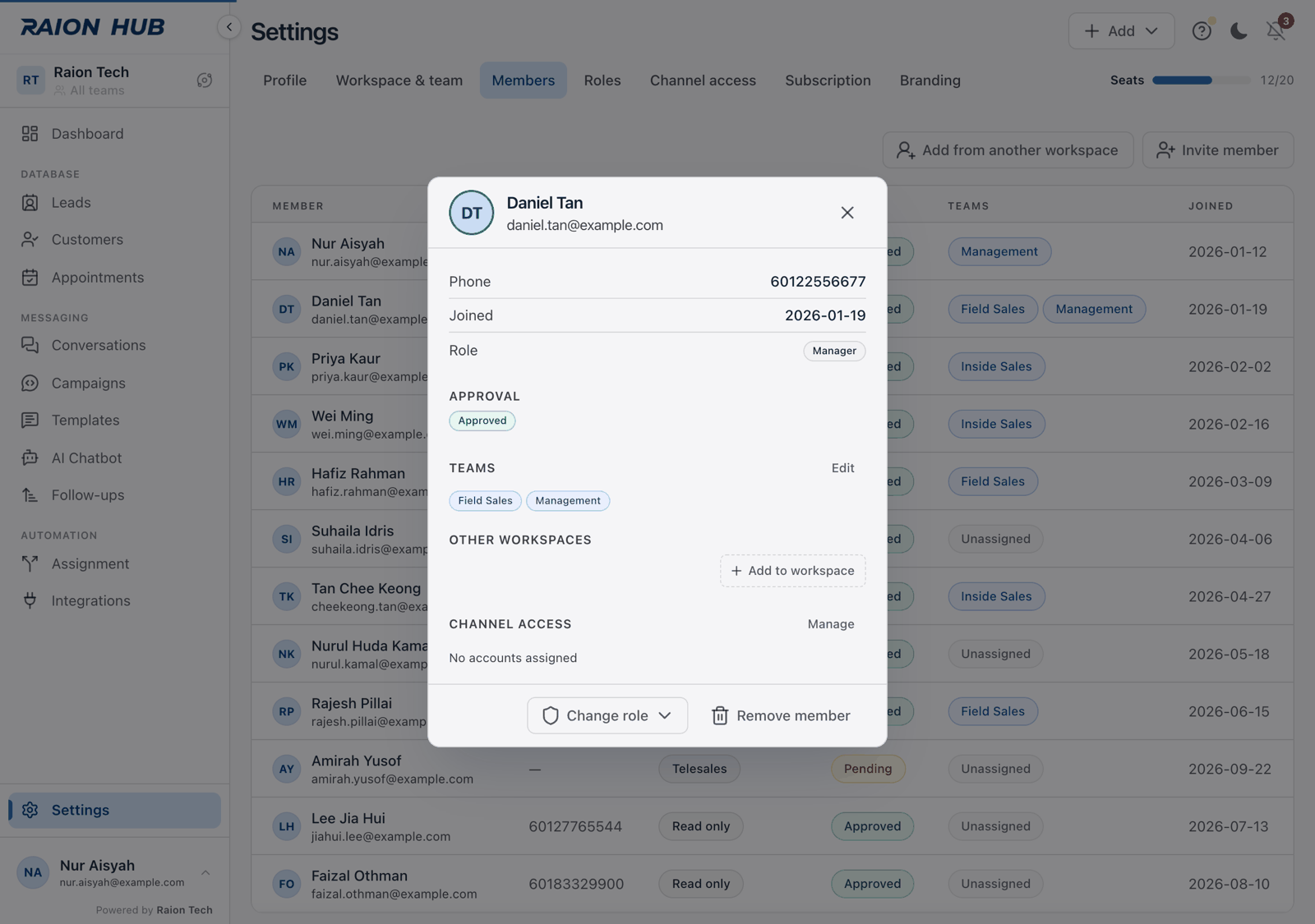 The member details dialog showing Phone, Joined, Role, Approval, Teams, Other workspaces and Channel access