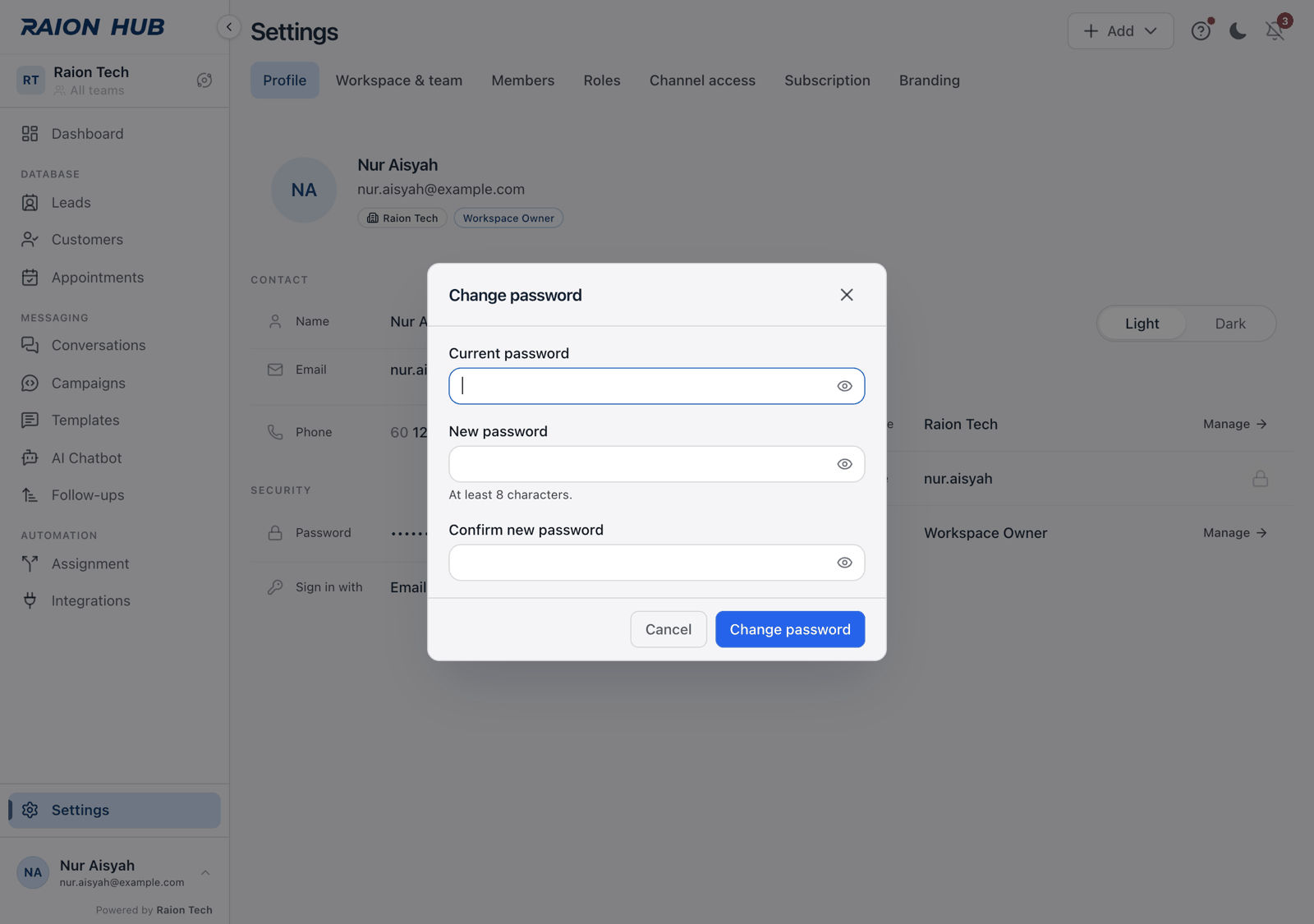 The Change password dialog with Current password, New password and Confirm new password fields