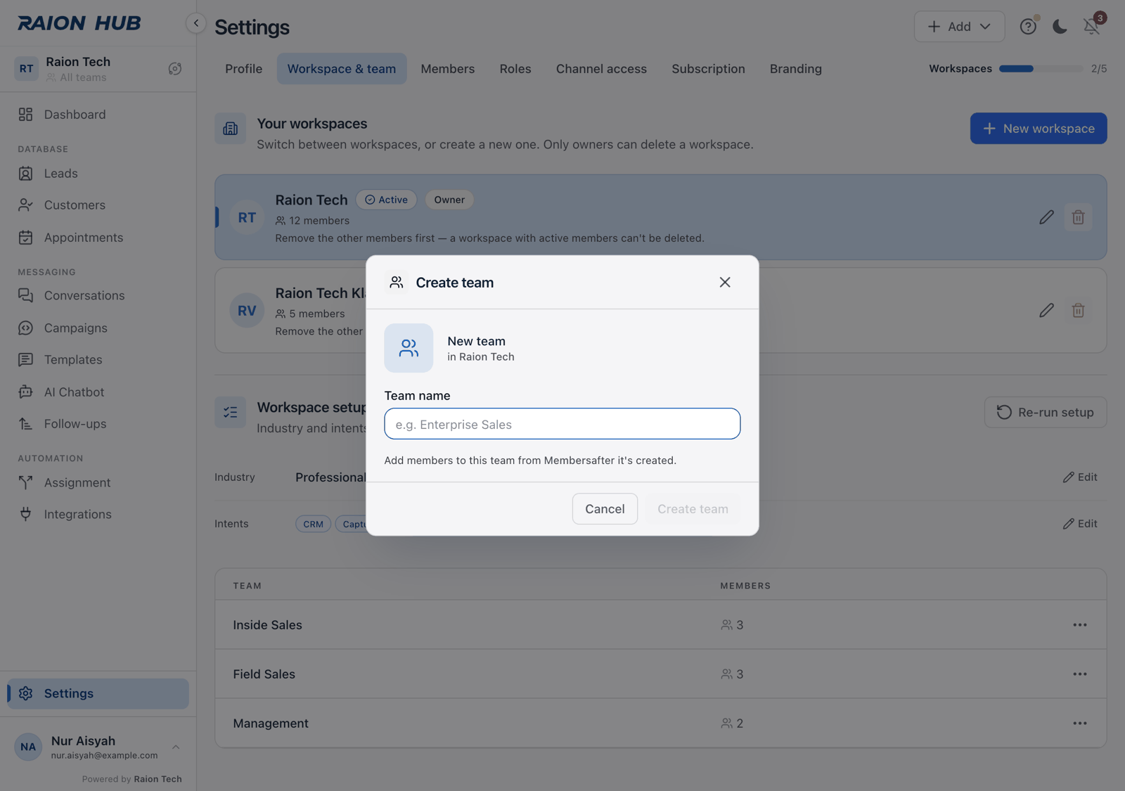 The Create team dialog with an initials tile, the workspace name and the Team name field