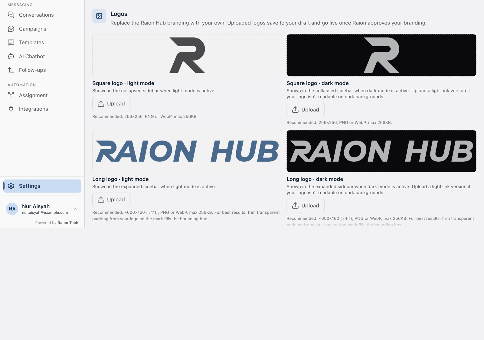 The Logos card with four upload tiles for square and long logos in light and dark mode