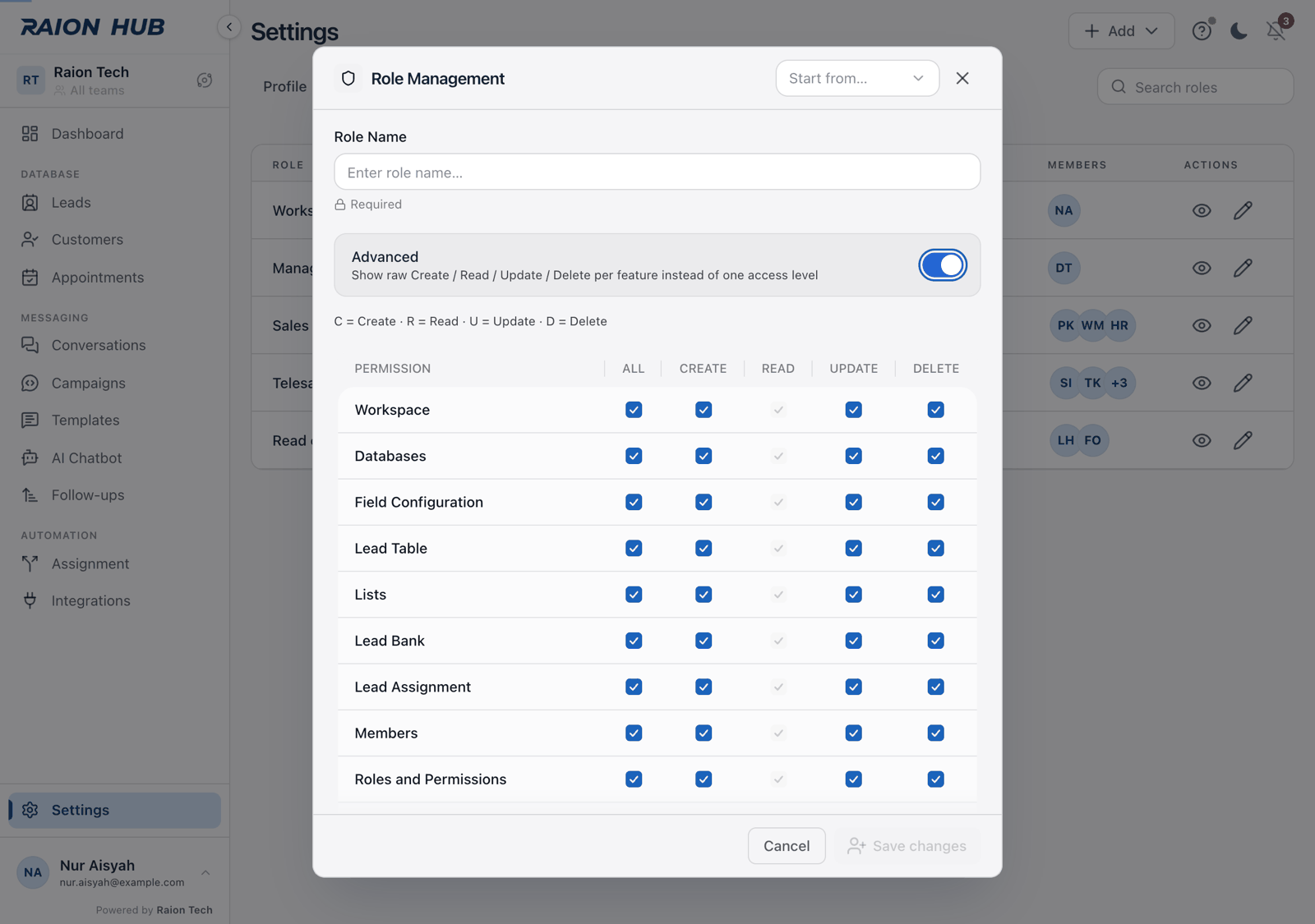 The permission editor in Advanced mode, a grid of Create, Read, Update and Delete tick boxes per permission
