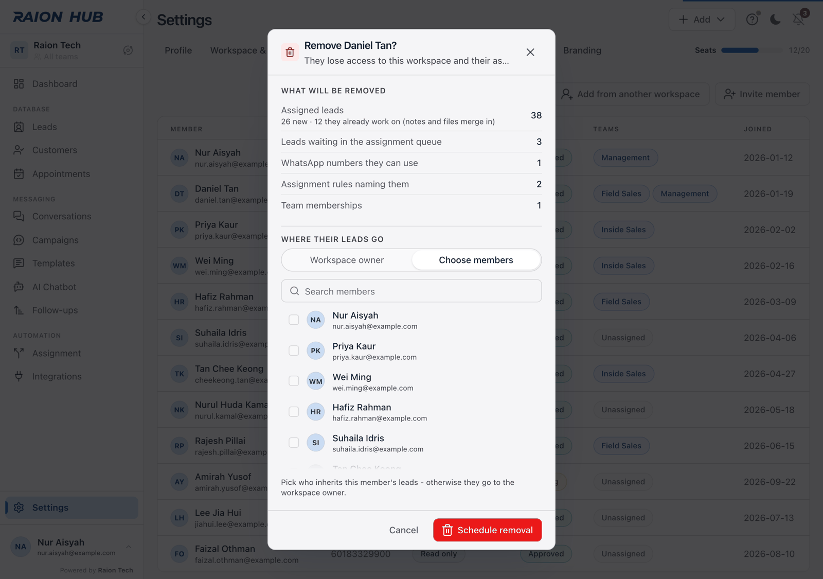 The remove member dialog showing What will be removed, Where their leads go with a split, and the When choice