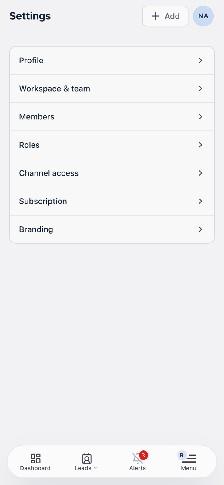 Settings on a phone: a list of the seven sections, from Profile to Branding, each with an arrow